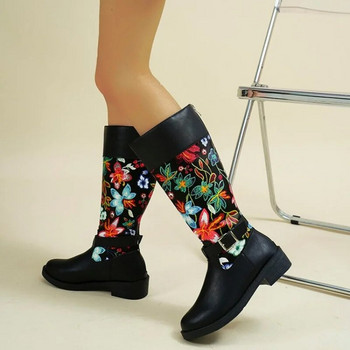 Νέες μπότες με κέντημα λουλούδια ψηλά στο γόνατο Γυναικείες Ethnic ρετρό χοντροκομμένες μπότες ιππότη μεγάλου μεγέθους 2022 Φθινόπωρο Botas De Mujer
