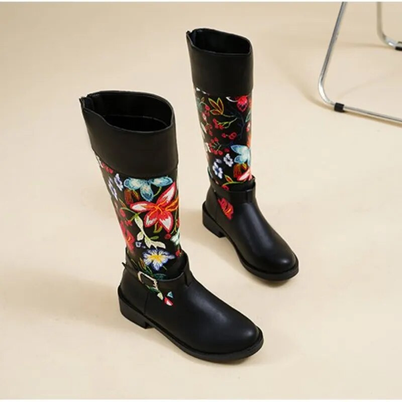 Nove čizme do koljena s vezom i cvijećem, ženske etničke retro čizme na debelu petu, velike viteške čizme, jesen 2022. Botas De Mujer