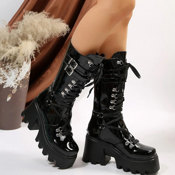 2023 Νέες γυναικείες μπότες μοτοσικλέτας punk λουστρίνι Πλατφόρμα με σφήνες Γυναικείες μπότες μεσαίας γάμπας Γυναικεία με κορδόνια με χοντρό τακούνι Gothic Botas Mujer