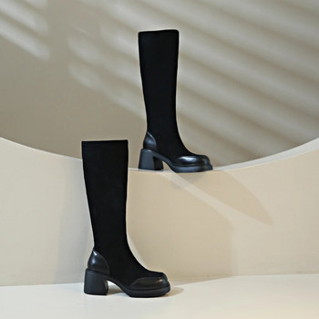Дамски ботуши до коляното Есен 2023 Нов стил Ботуши с дебел ток Тънки еластични велурени модни дамски черни модерни дълги обувки
