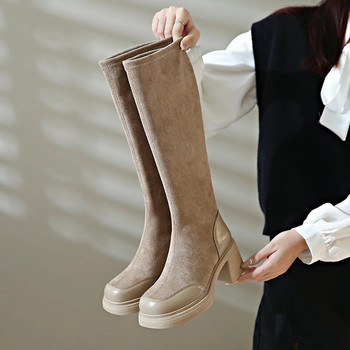 Дамски ботуши до коляното Есен 2023 Нов стил Ботуши с дебел ток Тънки еластични велурени модни дамски черни модерни дълги обувки