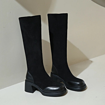 Γυναικείες μπότες μέχρι το γόνατο για φθινόπωρο 2023 Νέο στυλ Μπότες με χοντρό τακούνι Λεπτές ελαστικές σουέτ Μόδα Γυναικεία Μαύρα Μοντέρνα Μακριά Παπούτσια