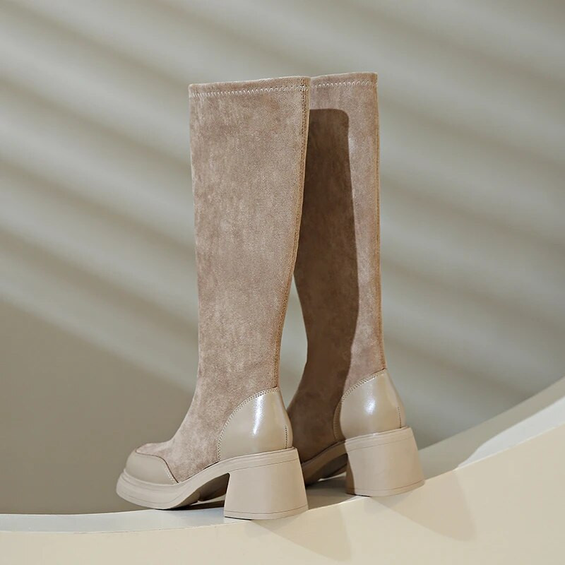 Γυναικείες μπότες μέχρι το γόνατο για φθινόπωρο 2023 Νέο στυλ Μπότες με χοντρό τακούνι Λεπτές ελαστικές σουέτ Μόδα Γυναικεία Μαύρα Μοντέρνα Μακριά Παπούτσια