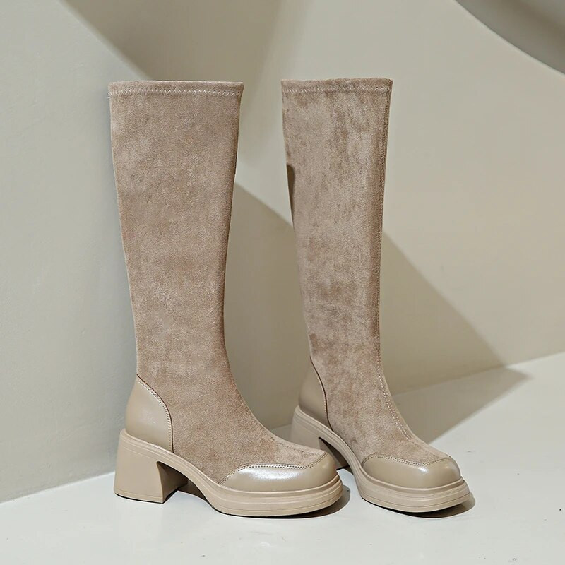 Γυναικείες μπότες μέχρι το γόνατο για φθινόπωρο 2023 Νέο στυλ Μπότες με χοντρό τακούνι Λεπτές ελαστικές σουέτ Μόδα Γυναικεία Μαύρα Μοντέρνα Μακριά Παπούτσια