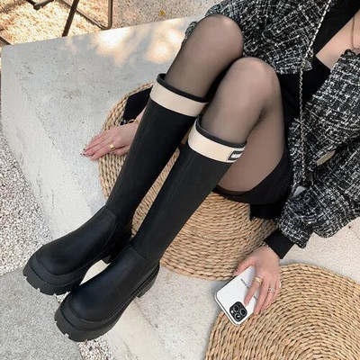 Viteške čizme Ženske jesen i zima 2023. Nove vojne zelene debele potplate Visoke duge vitke ravne kožne čizme