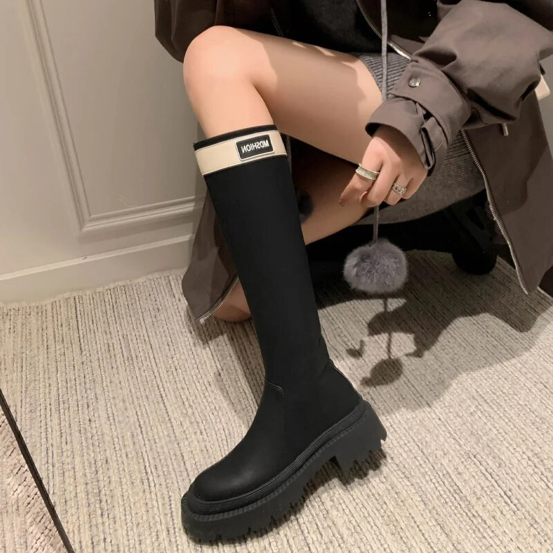 Viteške čizme Ženske jesen i zima 2023. Nove vojne zelene debele potplate Visoke duge vitke ravne kožne čizme
