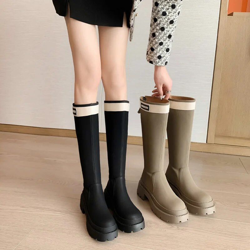 Viteške čizme Ženske jesen i zima 2023. Nove vojne zelene debele potplate Visoke duge vitke ravne kožne čizme