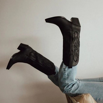 Δυτικές γυναικείες μπότες 2023 Φθινοπωρινή χειμερινή μόδα Μπότες με χοντρές τακούνι καουμπόικες μπότες σε vintage στυλ Country Western Cowgirl ψηλοτάκουνες μπότες