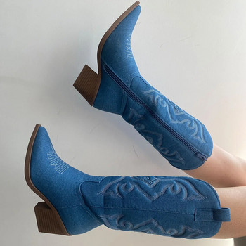 Dropship Cowboy Boots για Γυναικείες Κεντημένες Vintage Τζιν Μπλε Δυτικές Μπότες Cowgirl με μέση γάμπα καλής ποιότητας Γυναικεία παπούτσια Άνετα