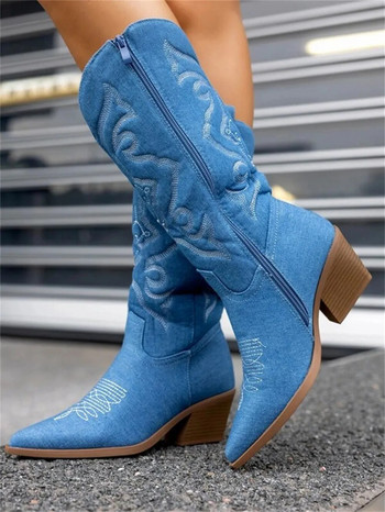 Дропшип каубойски ботуши за жени, бродирани ретро деним, сини западни каубойски ботуши до средата на прасеца, качествени дамски обувки, удобни