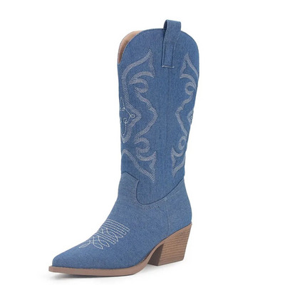 Dropshipi kauboisaapad naistele Tikitud Vintage Denim Sinine Sääre keskosa Lääne Cowgirl Saapad Hea kvaliteediga naiste kingad Mugavad