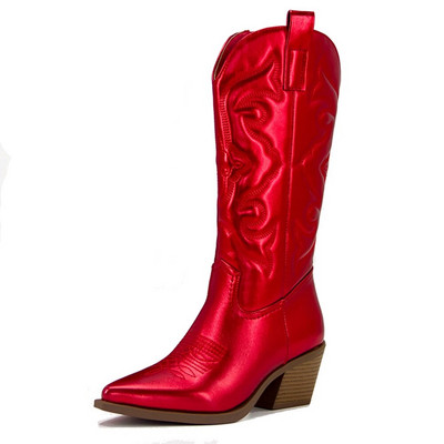 Dropshipi kauboisaapad naistele Tikitud Vintage Denim Sinine Sääre keskosa Lääne Cowgirl Saapad Hea kvaliteediga naiste kingad Mugavad