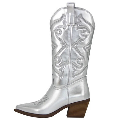 Dropshipi kauboisaapad naistele Tikitud Vintage Denim Sinine Sääre keskosa Lääne Cowgirl Saapad Hea kvaliteediga naiste kingad Mugavad