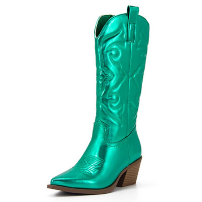 Dropshipi kauboisaapad naistele Tikitud Vintage Denim Sinine Sääre keskosa Lääne Cowgirl Saapad Hea kvaliteediga naiste kingad Mugavad