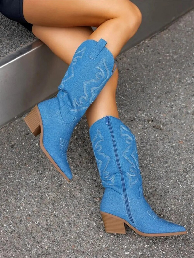 Dropshipi kauboisaapad naistele Tikitud Vintage Denim Sinine Sääre keskosa Lääne Cowgirl Saapad Hea kvaliteediga naiste kingad Mugavad