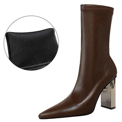 BIGTREE kingad Metallist paksu kontsaga nahast saapad Naiste kesksaapad 2023 Mood sügistalvised kingad Kõrge kontsaga saapad Naiste kingad