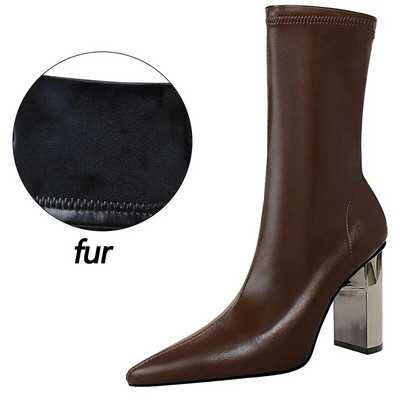 BIGTREE kingad Metallist paksu kontsaga nahast saapad Naiste kesksaapad 2023 Mood sügistalvised kingad Kõrge kontsaga saapad Naiste kingad