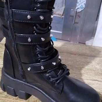 Πολυτελείς επώνυμες γυναικείες μπότες 2023 Winter New Pu Leather Platform Fashion Lace Up Punk Gothic Booties Casual Work Παπούτσια botines mujer