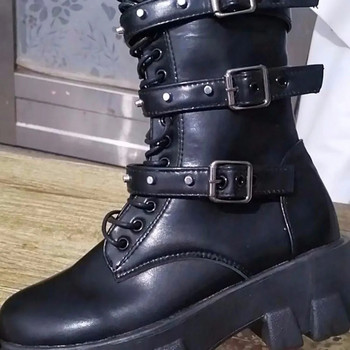 Πολυτελείς επώνυμες γυναικείες μπότες 2023 Winter New Pu Leather Platform Fashion Lace Up Punk Gothic Booties Casual Work Παπούτσια botines mujer