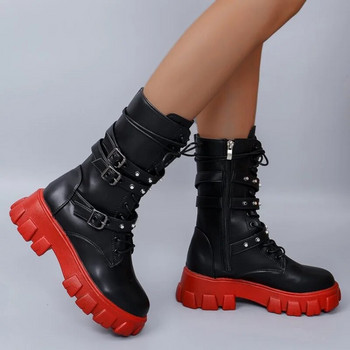 Дамски ботуши Chelsea до средата на прасеца 2024 Зимни нови тенденции Обувки с равни обувки Ежедневни мотоциклетни ботуши Гладиаторски ботуши с цип Goth Mujer Knight Botas