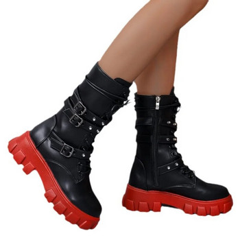 Дамски ботуши Chelsea до средата на прасеца 2024 Зимни нови тенденции Обувки с равни обувки Ежедневни мотоциклетни ботуши Гладиаторски ботуши с цип Goth Mujer Knight Botas