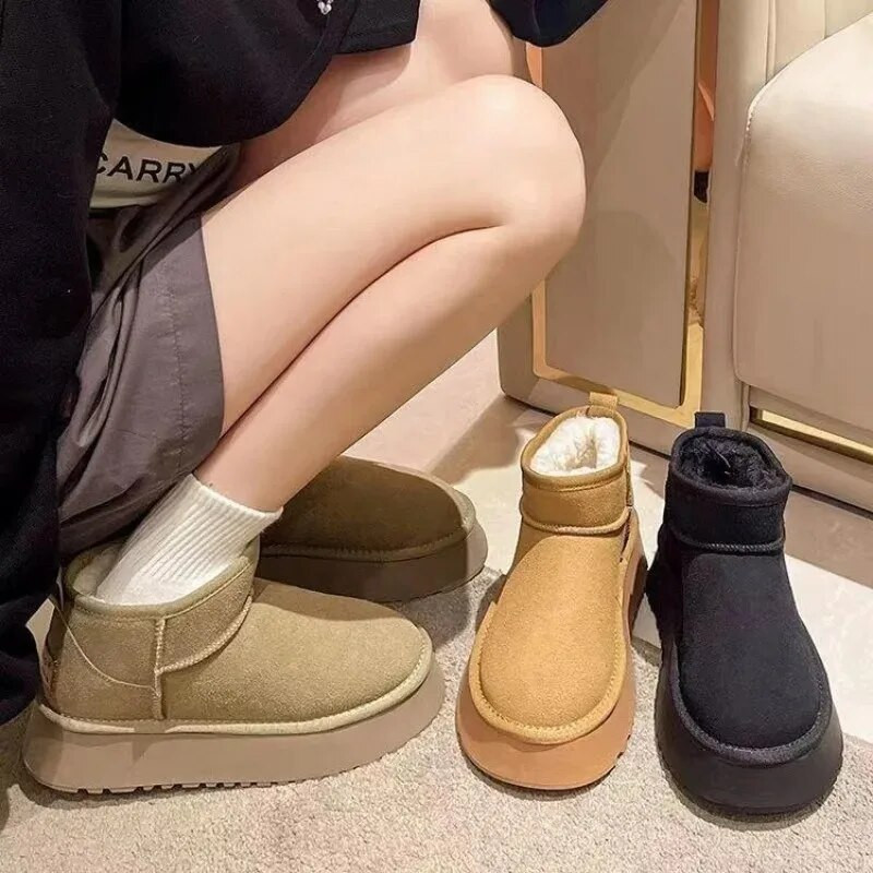 Γυναικείες μπότες χιονιού με χοντρές βελούδινες πλατφόρμες 2023 Winter Keep Warm Γούνινα βαμβακερά παπούτσια Γυναικεία σουέτ slip-on ankle Botas Παπούτσια με επένδυση Ζευγάρι