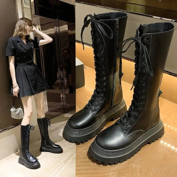 Ботуши Nausk с връзки Mujer Zip Chelsea Chunky Platform Punk Boots Boots Women Punk Increasing Long Woman
