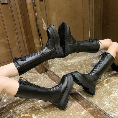 Nausk suvarstomi bateliai Mujer su užtrauktuku Chelsea Chunky platforma Pu Odiniai aukštakulniai batai Moterims Punk Didėjanti Ilga Moteris