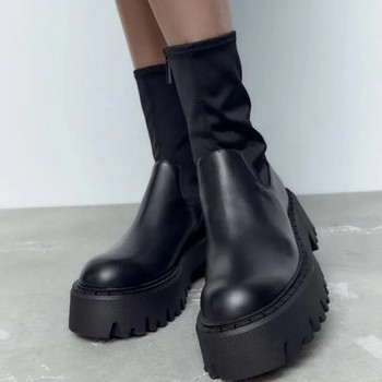 TRAF Μαύρες Γυναικείες Μπότες Χειμώνας 2022 Γυναικεία παπούτσια με χοντρές σόλες Ψηλοτάκουνα Κοντά μποτάκια Γυναικεία παπούτσια για γυναίκες