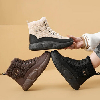 2024 Νέες ζεστές βαμβακερές μπότες με χοντρή σόλα Ρετρό με κορδόνια Casual ζεστές μπότες αστραγάλου Παχύ βελούδινες κοντές μπότες χιονιού Botas De Mujer