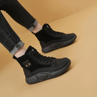 2024 Νέες ζεστές βαμβακερές μπότες με χοντρή σόλα Ρετρό με κορδόνια Casual ζεστές μπότες αστραγάλου Παχύ βελούδινες κοντές μπότες χιονιού Botas De Mujer