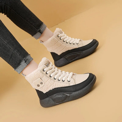 2024 Νέες ζεστές βαμβακερές μπότες με χοντρή σόλα Ρετρό με κορδόνια Casual ζεστές μπότες αστραγάλου Παχύ βελούδινες κοντές μπότες χιονιού Botas De Mujer