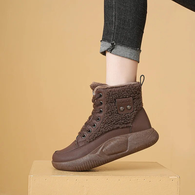 2024 Νέες ζεστές βαμβακερές μπότες με χοντρή σόλα Ρετρό με κορδόνια Casual ζεστές μπότες αστραγάλου Παχύ βελούδινες κοντές μπότες χιονιού Botas De Mujer