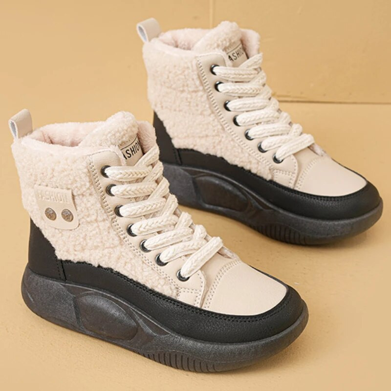 2024 Νέες ζεστές βαμβακερές μπότες με χοντρή σόλα Ρετρό με κορδόνια Casual ζεστές μπότες αστραγάλου Παχύ βελούδινες κοντές μπότες χιονιού Botas De Mujer