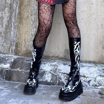 Дамски ботуши с дебела подметка 2022 г. Нов пънк модел с принт на клин на ток Spice Girls Средни ботуши Дамски дамски ботуши Обувки Ботуши на платформа