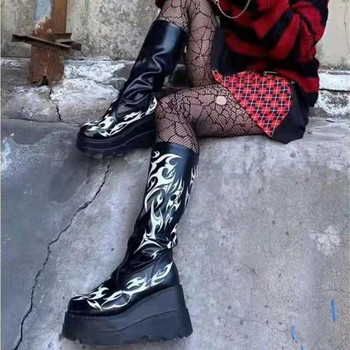 Γυναικείες μπότες χοντρή σόλα 2022 Νέο πανκ μοτίβο εκτύπωσης σφήνα τακούνι Spice Girls Mid Boots Γυναικείες Γυναικείες μπότες Παπούτσια Μπότες πλατφόρμας