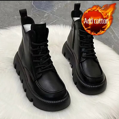 Χοντρό Πλατφόρμα Νέα σε Γυναικείες Μπότες Φθινοπωρινά Παπούτσια Γυναικεία Χειμώνας 2023 Μαύρα Μποτάκια και Γούνα Πλατό