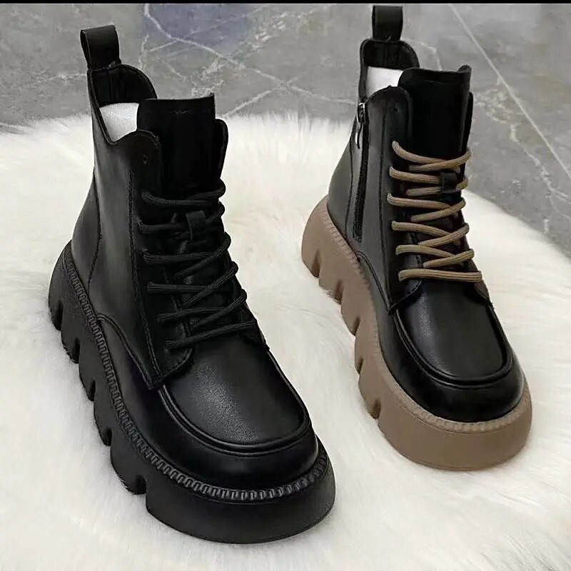 Χοντρό Πλατφόρμα Νέα σε Γυναικείες Μπότες Φθινοπωρινά Παπούτσια Γυναικεία Χειμώνας 2023 Μαύρα Μποτάκια  και Γούνα Πλατό
