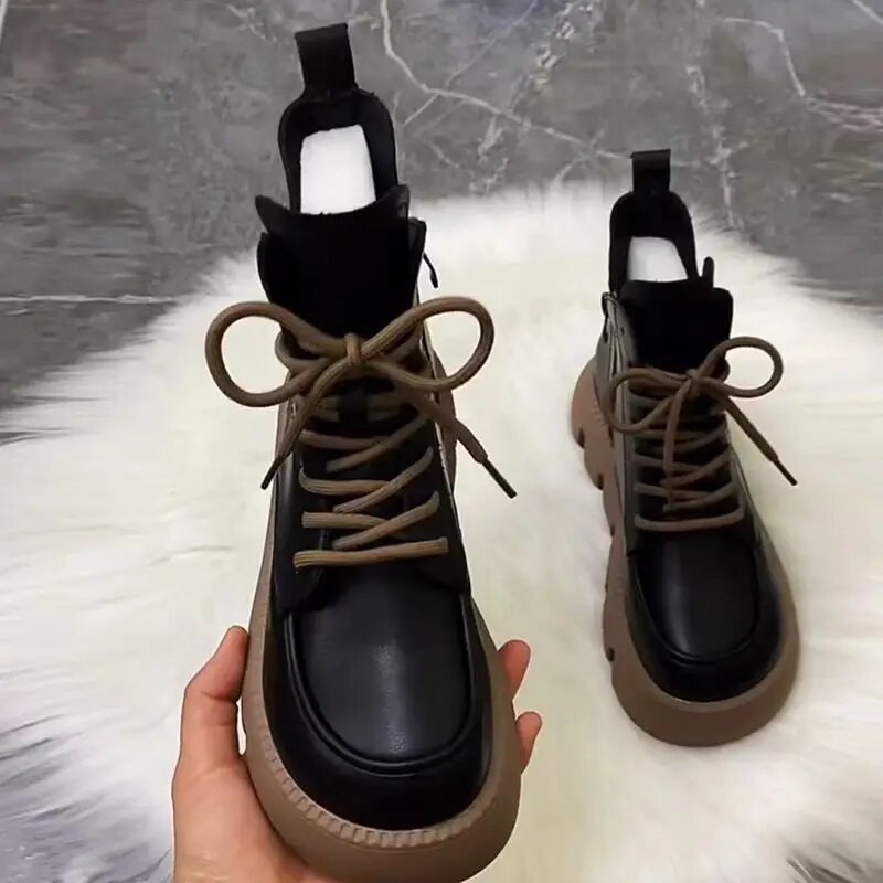 Χοντρό Πλατφόρμα Νέα σε Γυναικείες Μπότες Φθινοπωρινά Παπούτσια Γυναικεία Χειμώνας 2023 Μαύρα Μποτάκια  και Γούνα Πλατό