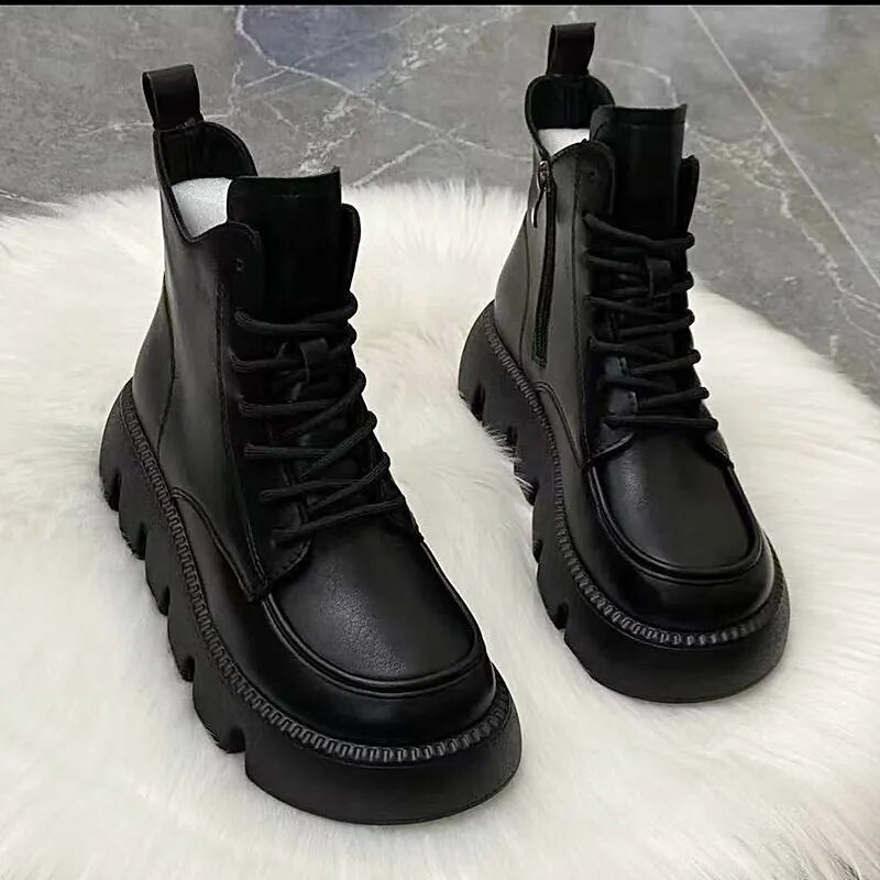 Χοντρό Πλατφόρμα Νέα σε Γυναικείες Μπότες Φθινοπωρινά Παπούτσια Γυναικεία Χειμώνας 2023 Μαύρα Μποτάκια  και Γούνα Πλατό