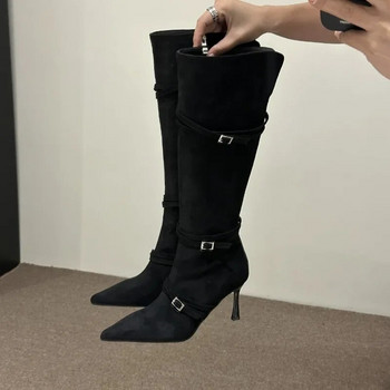 Νέα γυναικεία παπούτσια Γυναικείες μακριές μπότες γόβες με μυτερά παπούτσια Μόδα slip-on γυναικεία μποτάκια ψηλά στο γόνατο Flock Western υποδήματα