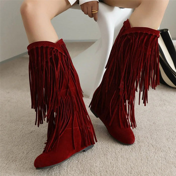 2023 Fashion Ethnic Woman Bohemian Flock Tassle Hidden Moccasin Mid-Calf Boots Female Slip On Shoes Φθινόπωρο Χειμώνας Νέο