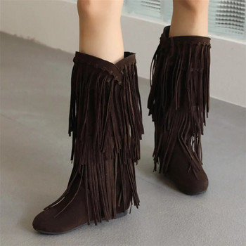 2023 Fashion Ethnic Woman Bohemian Flock Tassle Hidden Moccasin Mid-Calf Boots Female Slip On Shoes Φθινόπωρο Χειμώνας Νέο