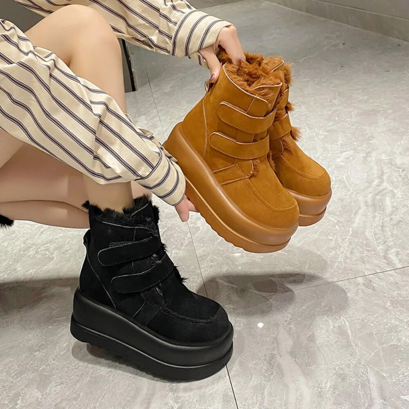 2023 m. naujos mados moteriški sniego batai neslystantys žieminiai šilti zomšiniai pliušiniai batai, moteriški kailio platforma, juodi moteriški batai