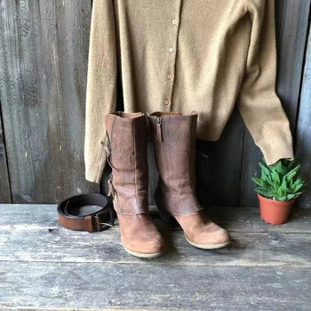 Дамски есенно-зимни обувки Пънк каубойски ботуши до коляното Ботуши с нисък дебел ток и страничен цип за дамски ботуши на платформа Дамски ботуши