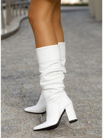 Дамски ботуши 2022 Зимни нови дизайнерски луксозни изкуствен велур Ежедневни дамски обувки с висок ток Елегантни дамски ботуши с големи размери до среден прасец