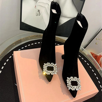 Боти до глезена Дамски ботуши Дамски обувки Дамски модни ботуши с остър флок с високи токчета Пролет Есен Къси ботуши с кристали