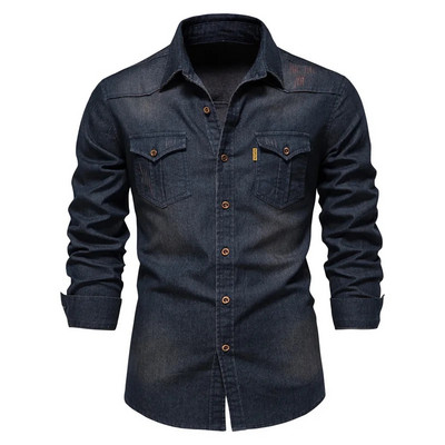 Cămașă din denim pentru bărbați, bumbac de înaltă calitate, elastică de primăvară, cu mânecă lungă, jachetă din denim, ocazională, slim fit, îmbrăcăminte de stradă, cămăși de cowboy