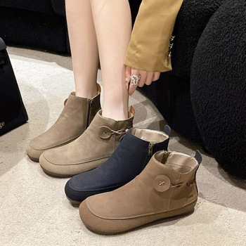 Ретро къси кожени ботуши за жени Есен Комфортни обувки с равна подметка Модни ботуши със страничен цип Гъвкави обувки за ежедневна употреба