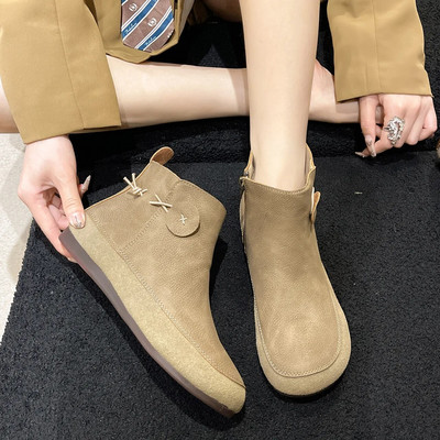 Ρετρό κοντές δερμάτινες μπότες για γυναίκες Άνεση φθινοπώρου με μαλακή σόλα ίσια παπούτσια μόδας Μποτάκια με φερμουάρ στο πλάι Ευέλικτα παπούτσια αιτιατού